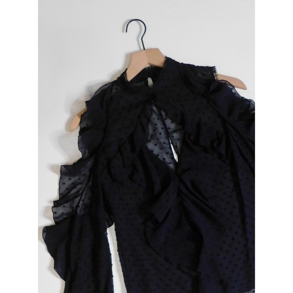 NICHOLAS Navy Blue Swiss Dot Cutout Cold Shoulder Top Blouse Ruffle Size 0 - Picture 4 of 15